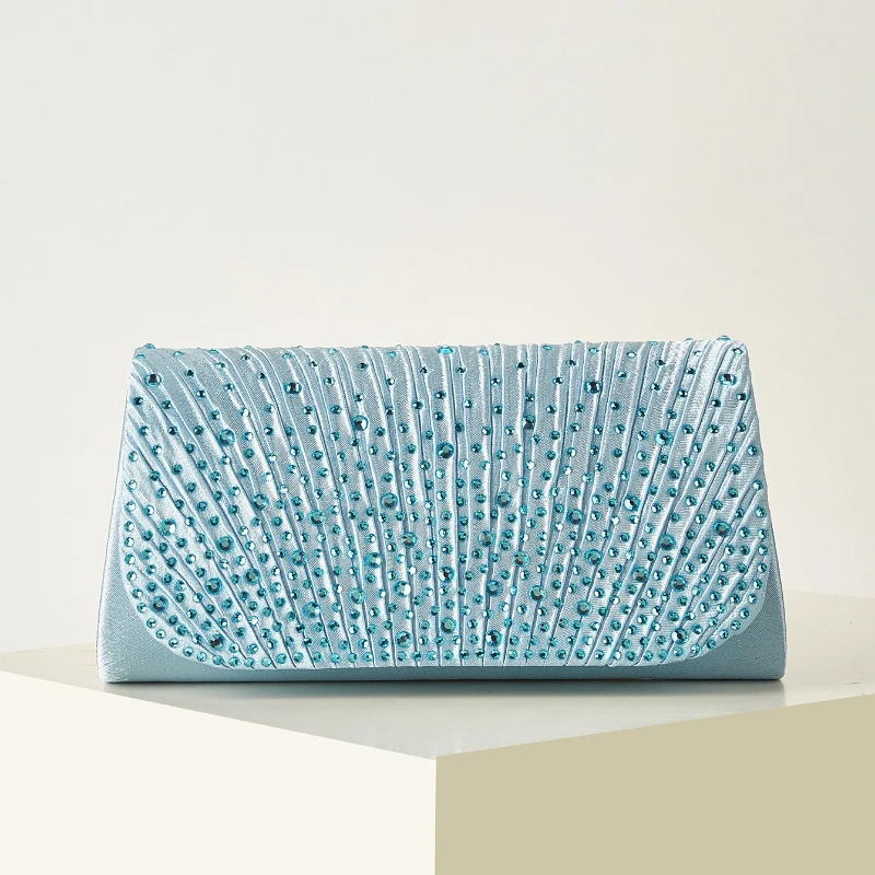 Bolsos de noche mini plisados de satén para mujer, con cuentas de cristal, para fiestas de baile, bolso con solapa, para bodas, invitadas, damas de honor, bolso de mano azul celeste.