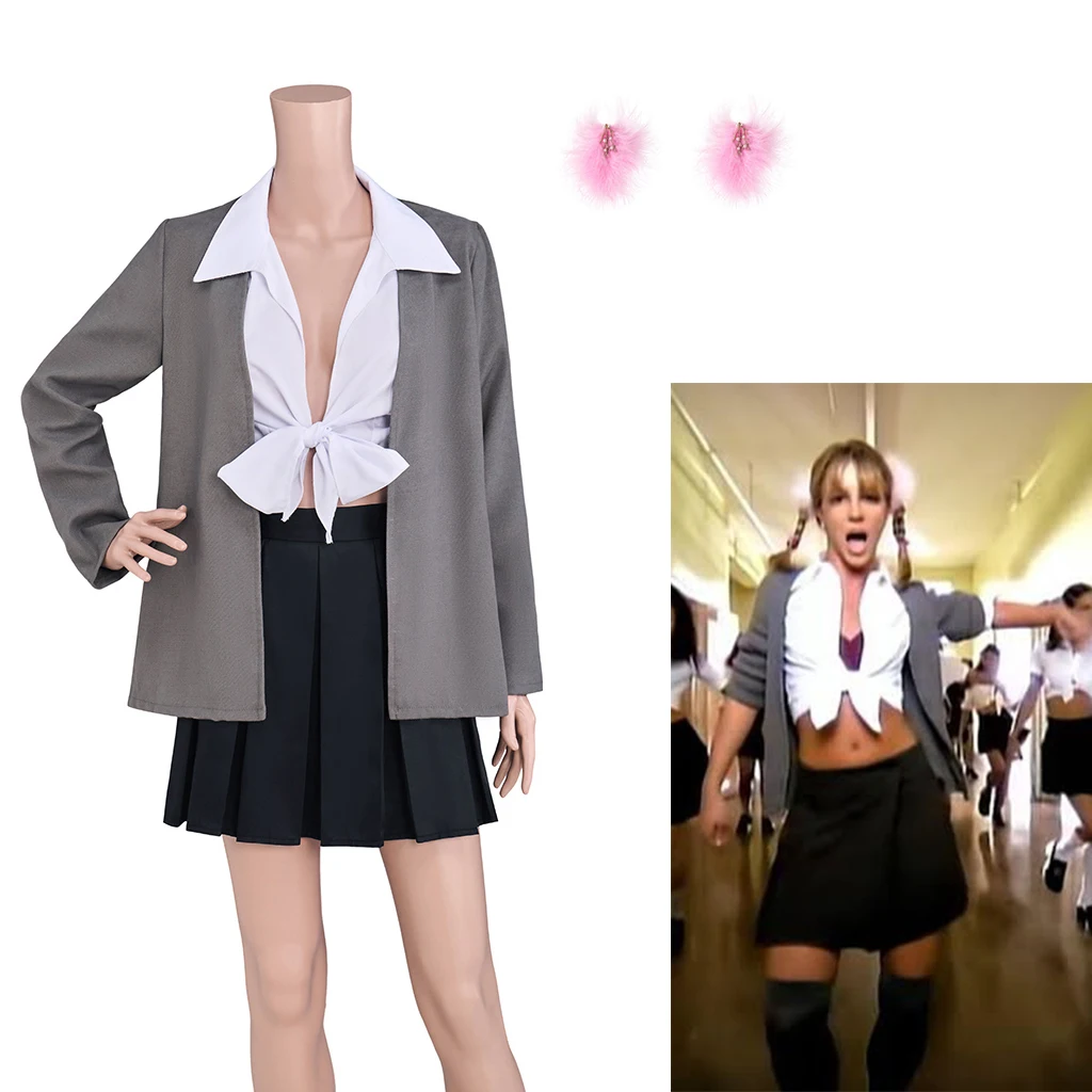 Britney Cosplay Musical-Kostüm für Damen, Sexy Crop-Top mit Schnürung, JK-Röcke mit Strickjacke, Halloween-Party Bühnenoutfit