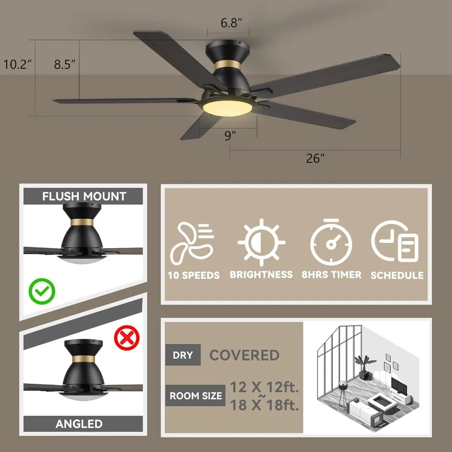 52 Inch Low Profile Ceiling Fan with Integrated Lights and Remote Control Smart Ceiling Fan with App and Voice Control via Alex