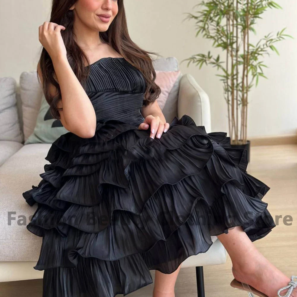 Vintage Short Evening Gown Ruffle Tiered Draped V-Neck Zipper Knee-Length Strapless Vestidos Para Mujer Elegantes Y Bonitos