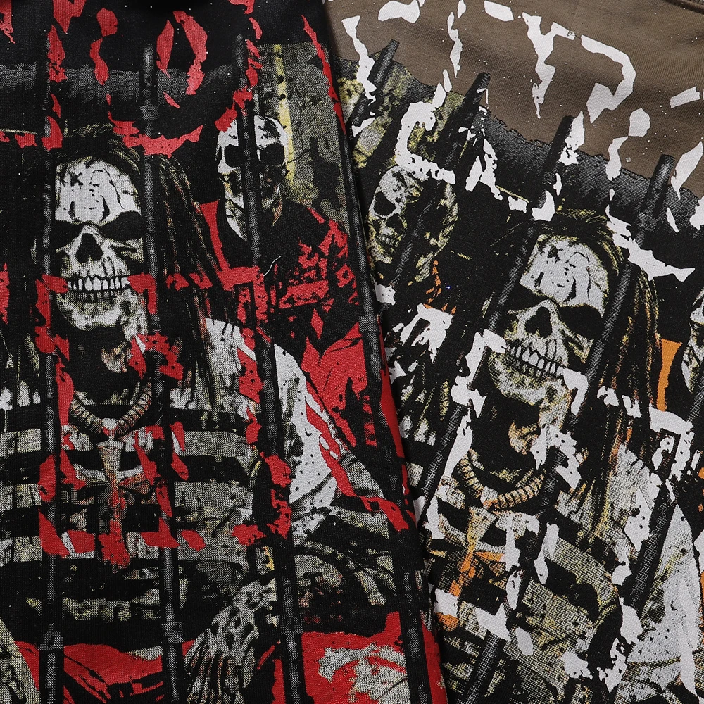 Streetwear Clothing Skulls Graphic T Shirts with Rhinestones Hiphop Street Style Cotton Casual Vintage Short Sleeve Tees for Men