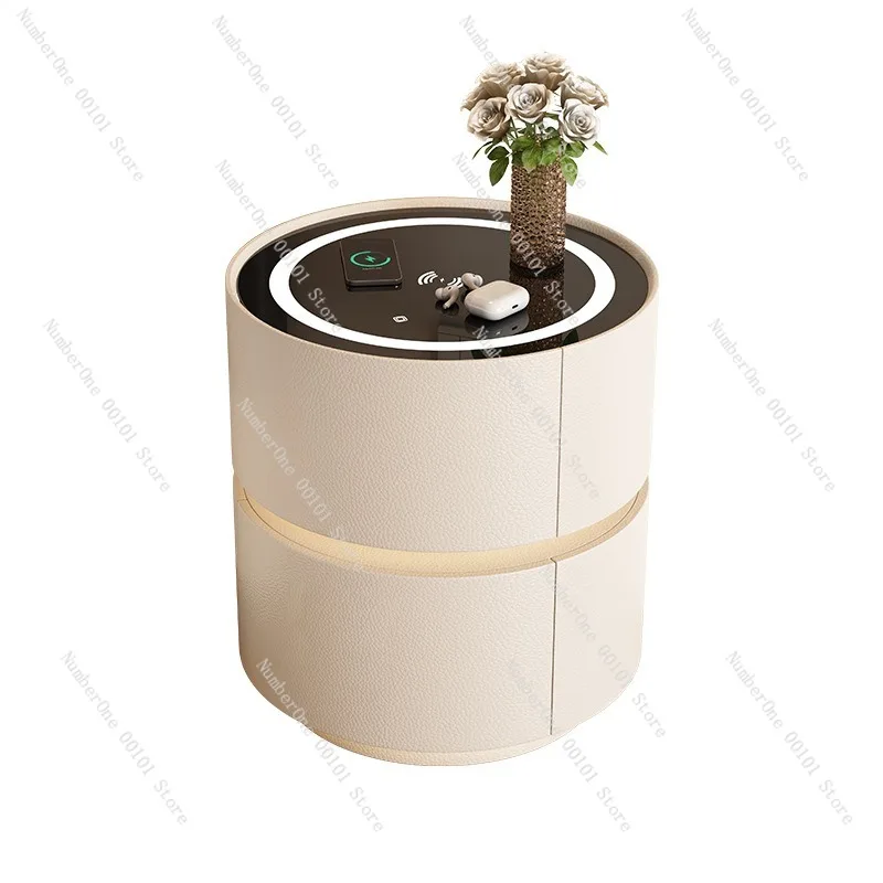 

Cream-Style Small Smart Round Bedside Table, Light Luxury Storage and Organization, Rock Plate Countertop Cabinet for Home