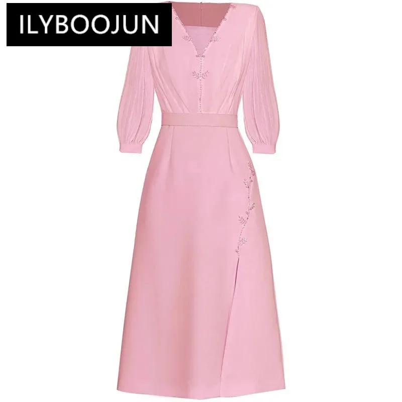

ILYBOOJUN Fashion Runway dress Spring Summer Woman's Dress V-Neck Three Quarter Sleeve Pearl Beading Slim Elegant Split Dresses