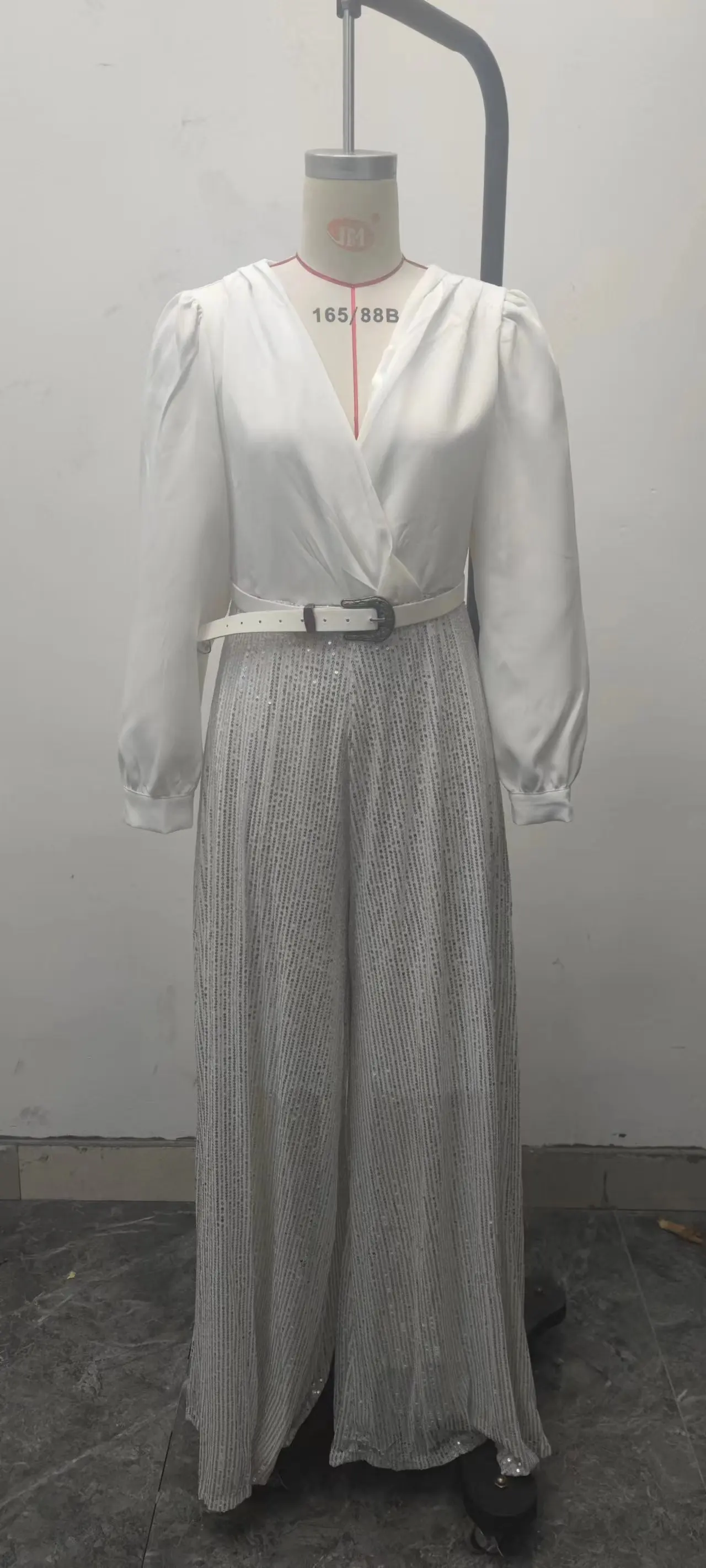 jumpsuit Women Spring Autumn, High-end V-neck Long Sleeved Shirt, Elegant Temperament, Cinched Waist, Sequins, French Wide Legs