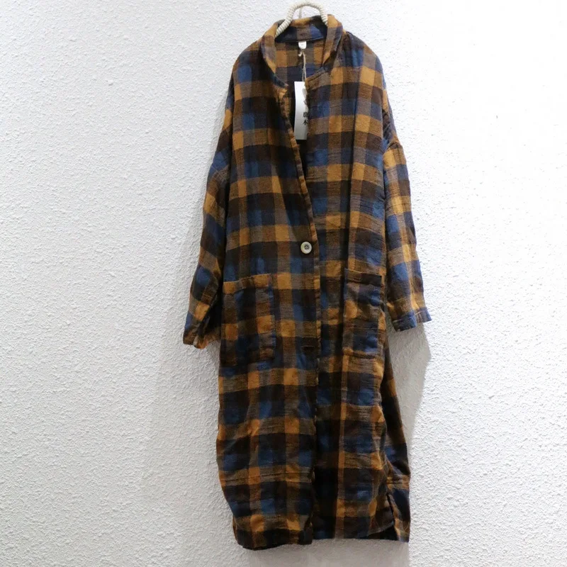 

Loose Fit Autumn Plaid Linen Women's Suit Jacket Casual Style Large Size Fashion Outerwear Long Sleeve Business Casual