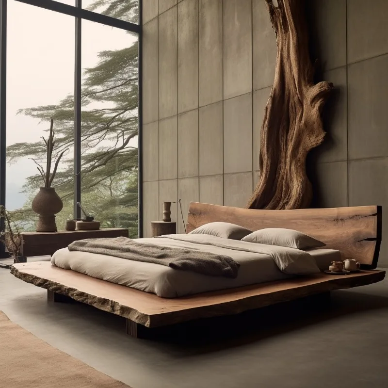 Wabi Sandy wind solid wood double bed, log color medium-old bed, pure solid wood bed