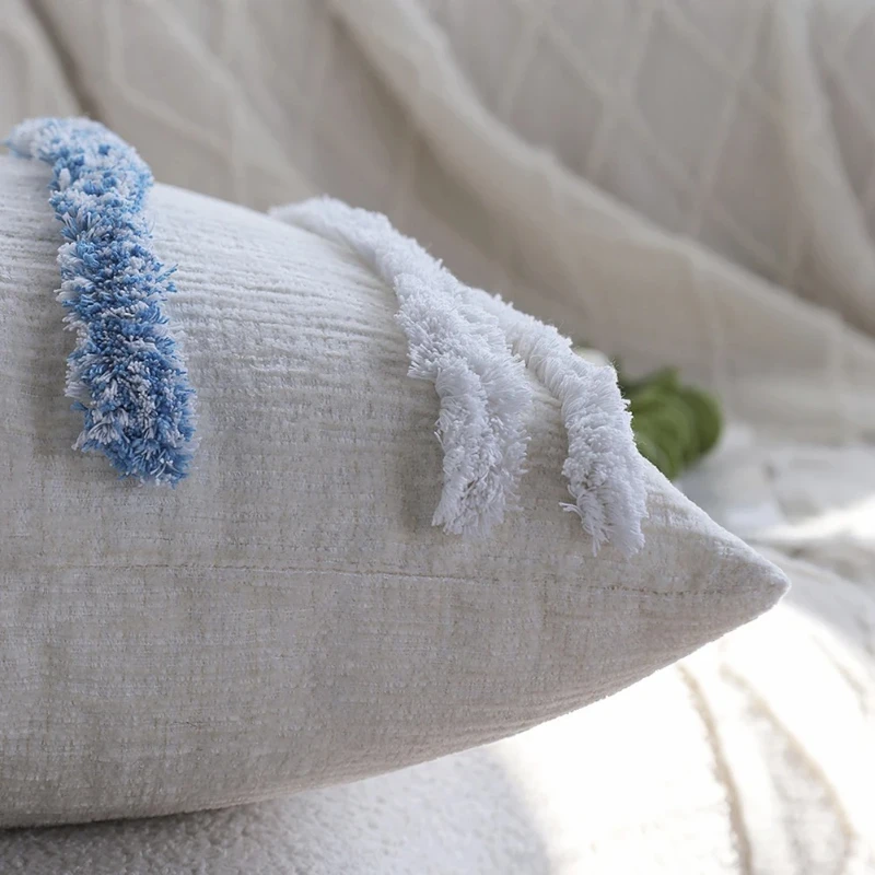 

Set of 2 White Chenille Pillow Covers 18x18inch Ins Blue Tufted Stripes Pillowcases 45x45cm Decorative for Couch Living Room