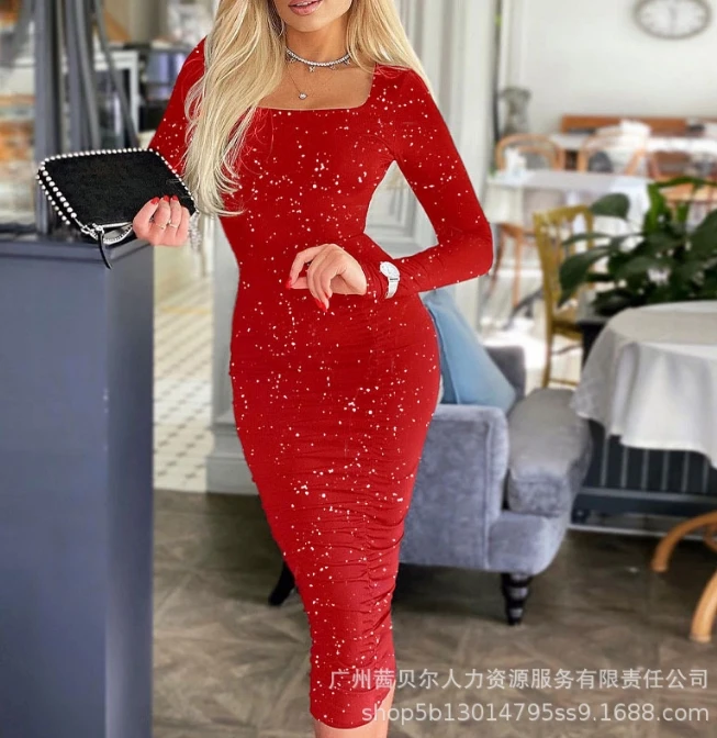 

Summer New Product Scattered Silver Pleated Tight Dress Fashionable Open Backpack Hip Dress Long Sleeve Sequin Dress