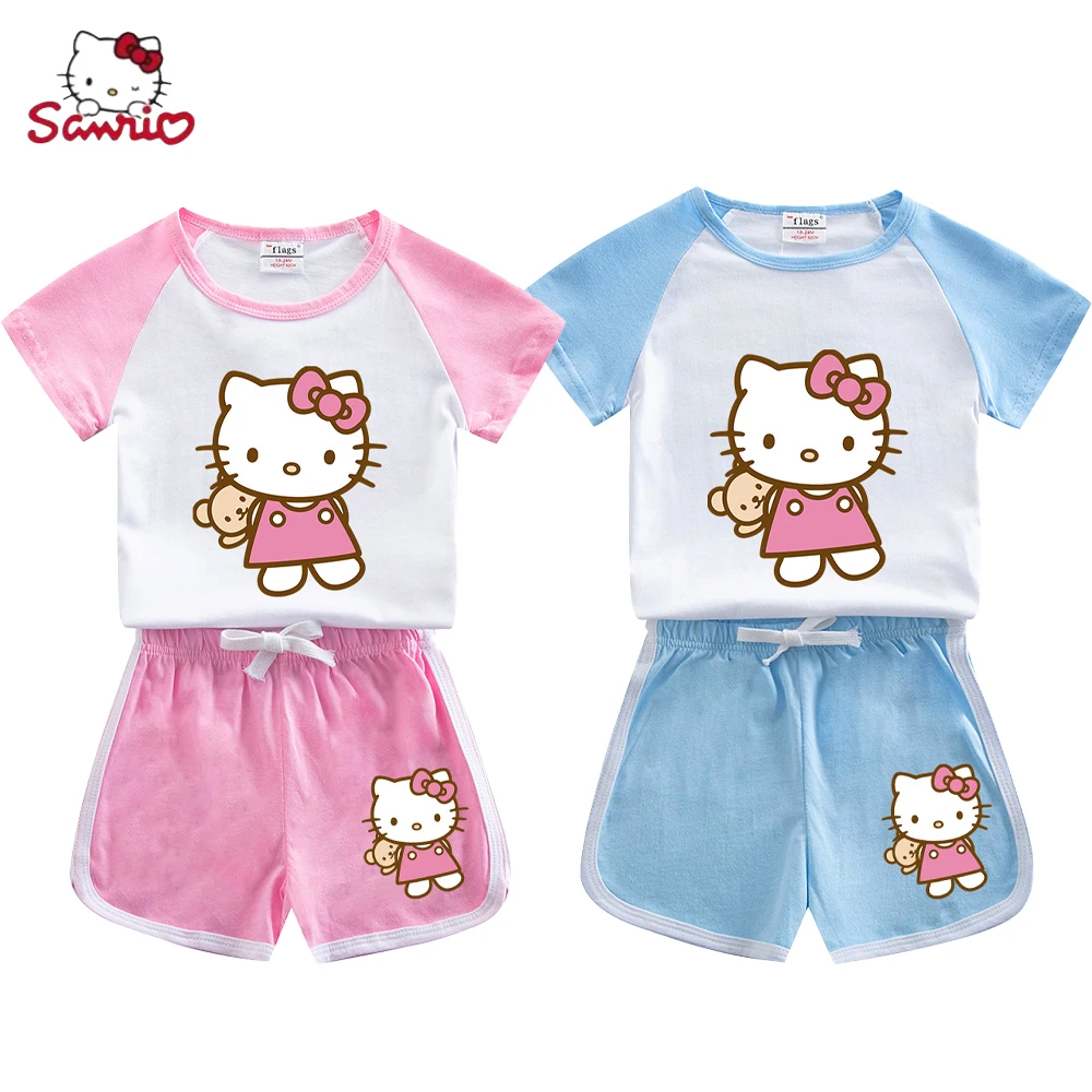 

Sanrios Kawaii Hello Kitty Baby Girls Clothes Suit Children Boys Cartoon Kids T-Shirt Shorts 2Pcs/sets Toddler Casual Costume