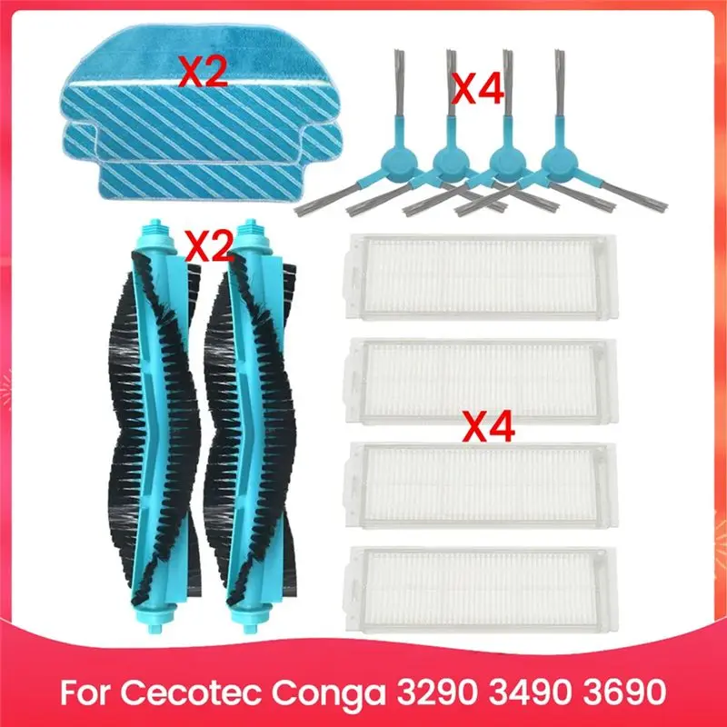 

Запасные части для пылесосов Cecotec Conga 3290, 3490, 3690: HEPA-фильтр, роликовая щетка, насадки для швабры, салфетки, боковая щетка.
