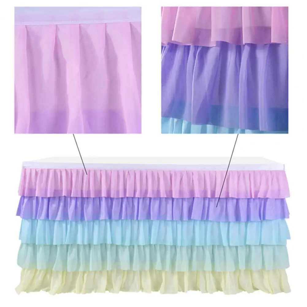 Cake Table Skirt Multi-layer Ruffle Table Skirt for Rectangle Round Tables Reusable Gradient Rainbow Color Beach Parties