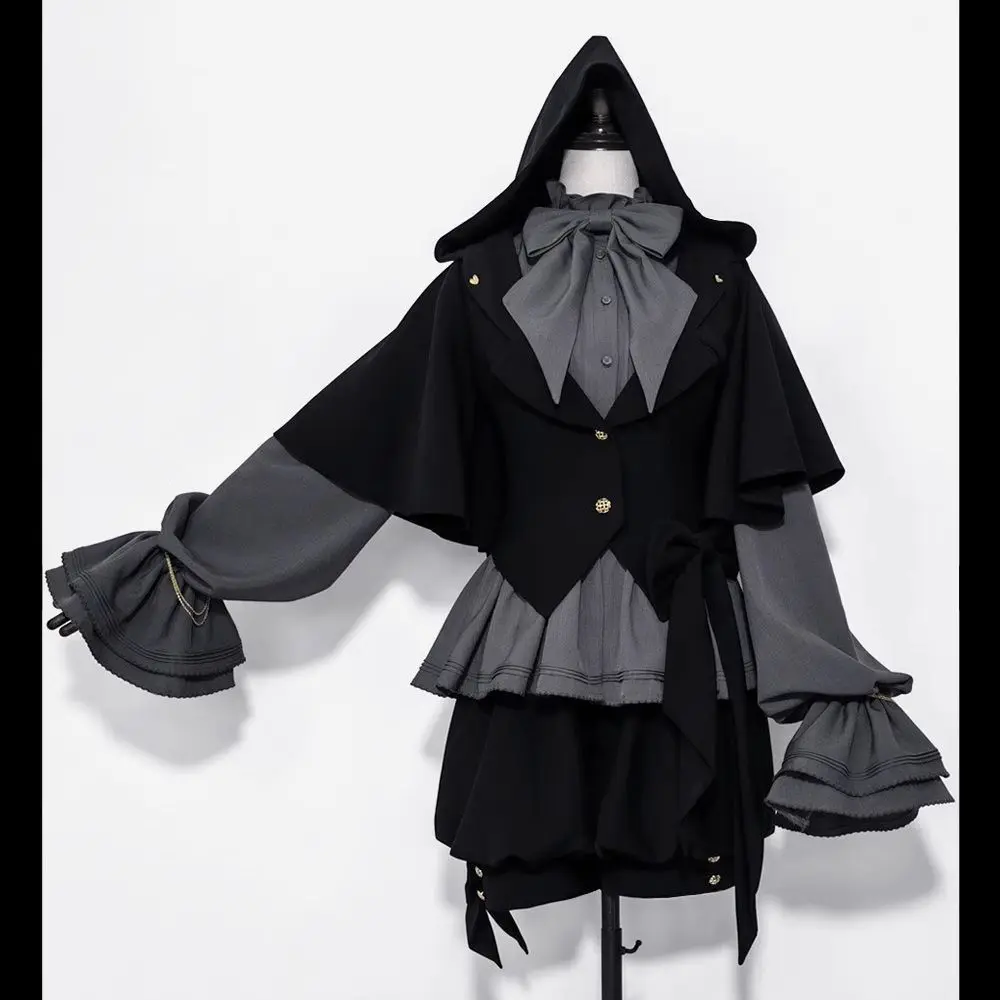 

Vintage Gothic Lolita Shorts Sets Womens Outfits Harajuku Y2k Bunny Ear Hooded Cloak Coat JK Bow Shirts Princess Shorts Sets