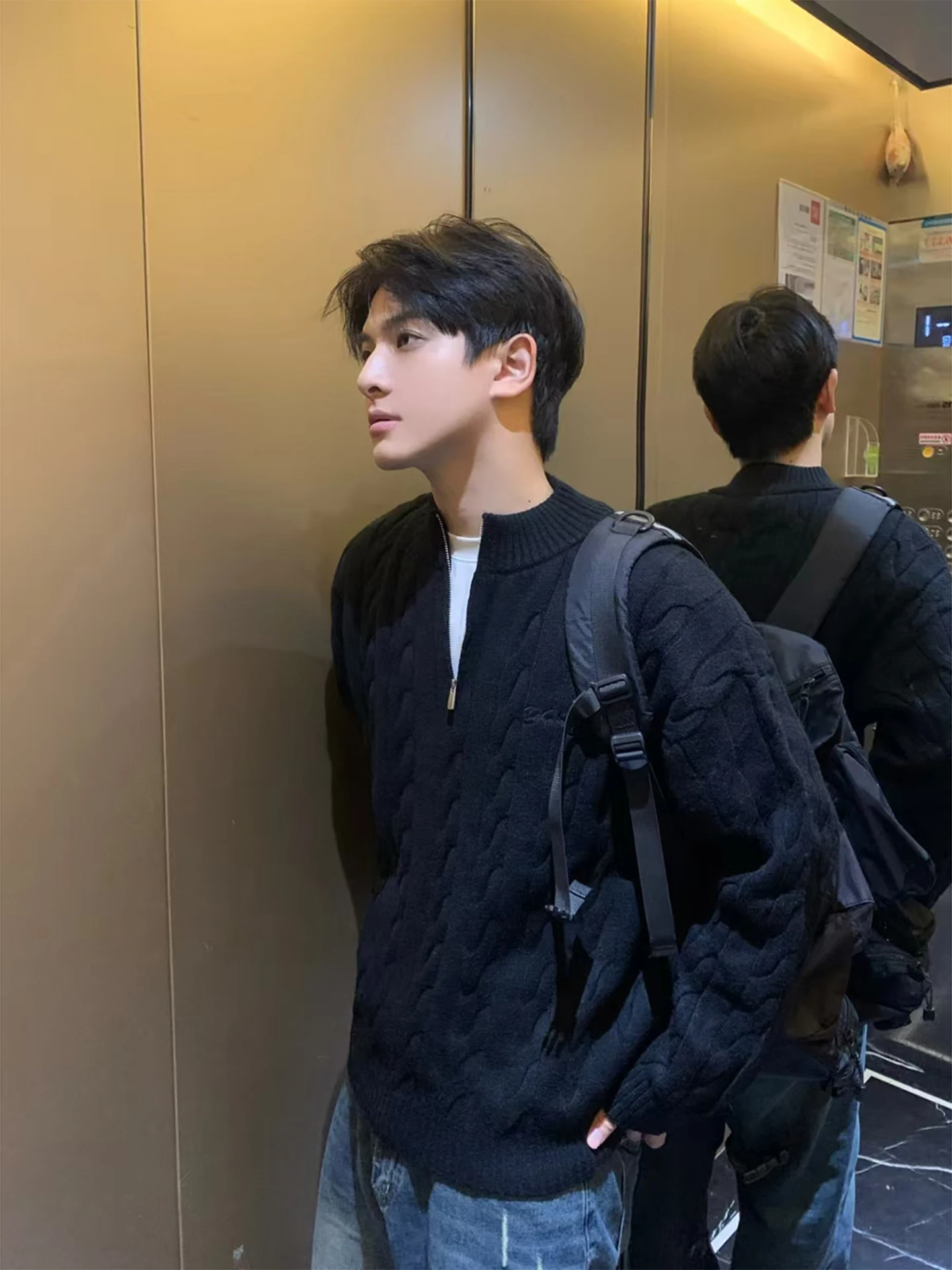 

Мужской вязаный свитер на молнии с узором «косы», осенне-зимний, с воротником-стойкой, американский стиль, базовый слой, теплый, толстый