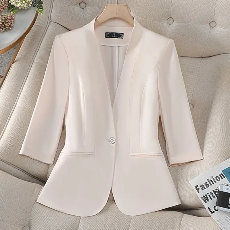 팝 봄 여름 여성 블레이저 솔리드 칼라리스 싱글 버튼 7부 소매 정장 재킷 숙녀 전문 오피스 정장