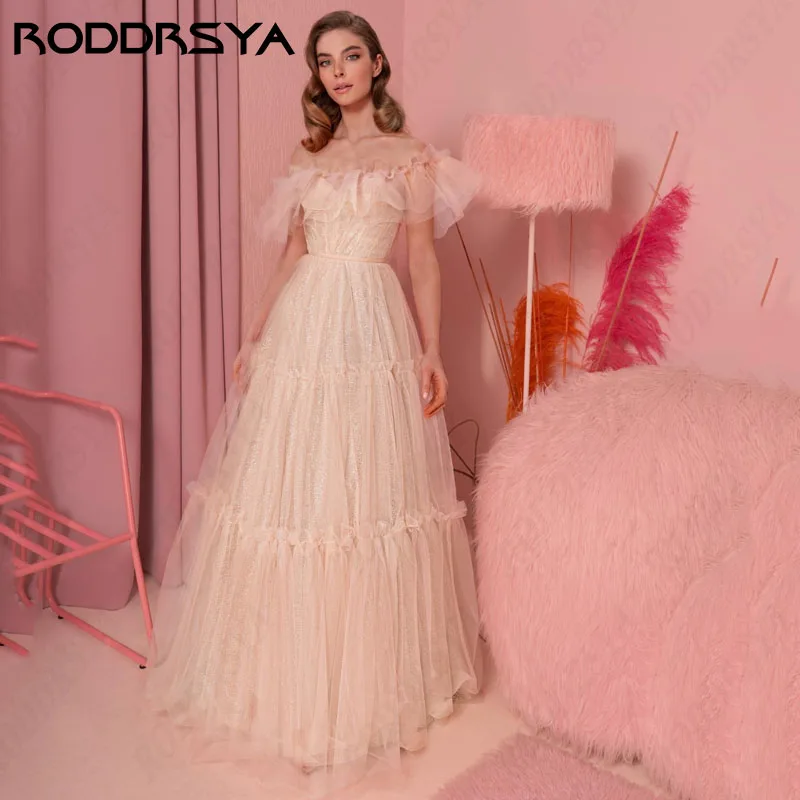 RODDRSYA Ruffled Off Shoulder Wedding Dresses Light Champagne Glittering Tulle Свадебное платье Lace Up Backless Bridal Party