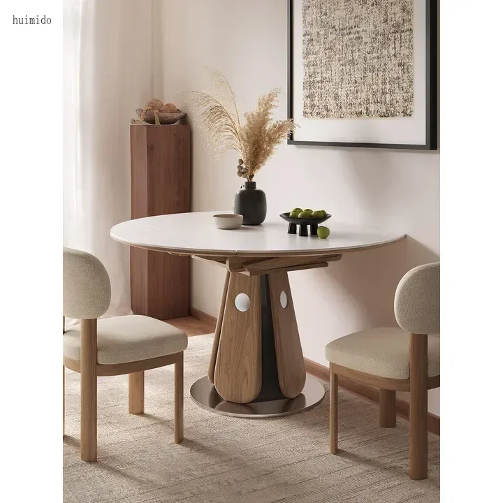Solid Wood Dining Table and Chair Combination Medium and Ancient Style High-end Small Apartment Foldable Retractable Round