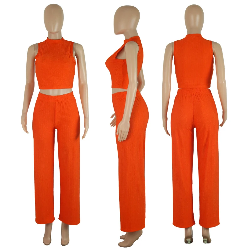 Spring Summer Solid Elegant Womans Clothing 2 Pieces Set Sleeveless Crop Top and Wide Leg Pants Matching Sets Outfits Clubwear