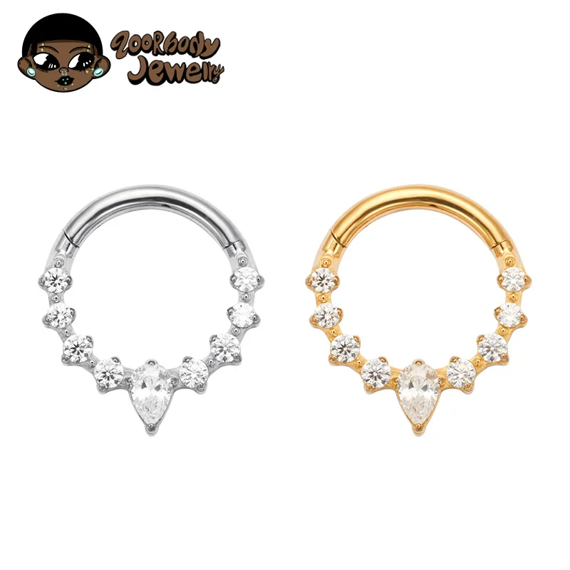 G23 Titanium Water Drop CZ Clicker Septum Nose Ring Piercing Daith Earring Hoop Front Facing Hinged Segment F136 Body Jewelry