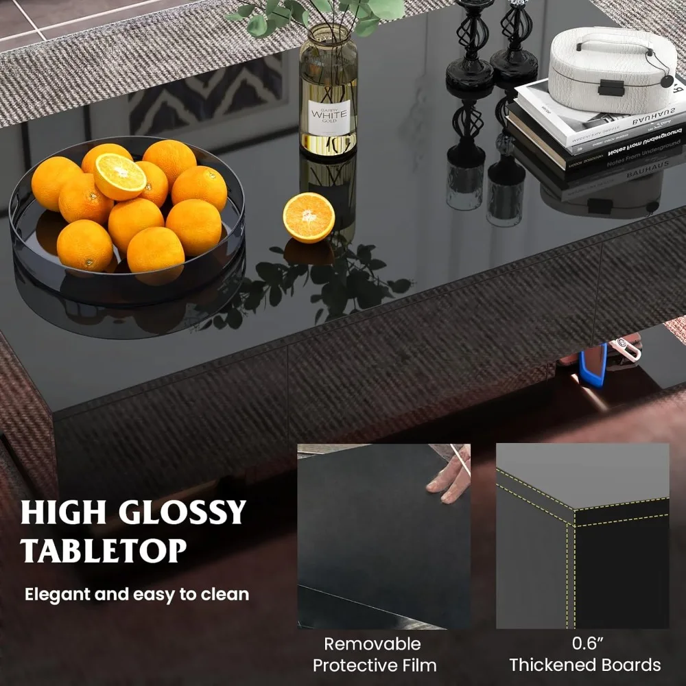 LED Coffee Table With 2 Drawers, High Glossy Modern Center Table, 20-Color Dimmable LED Lights & Remote Control, 2-Tier