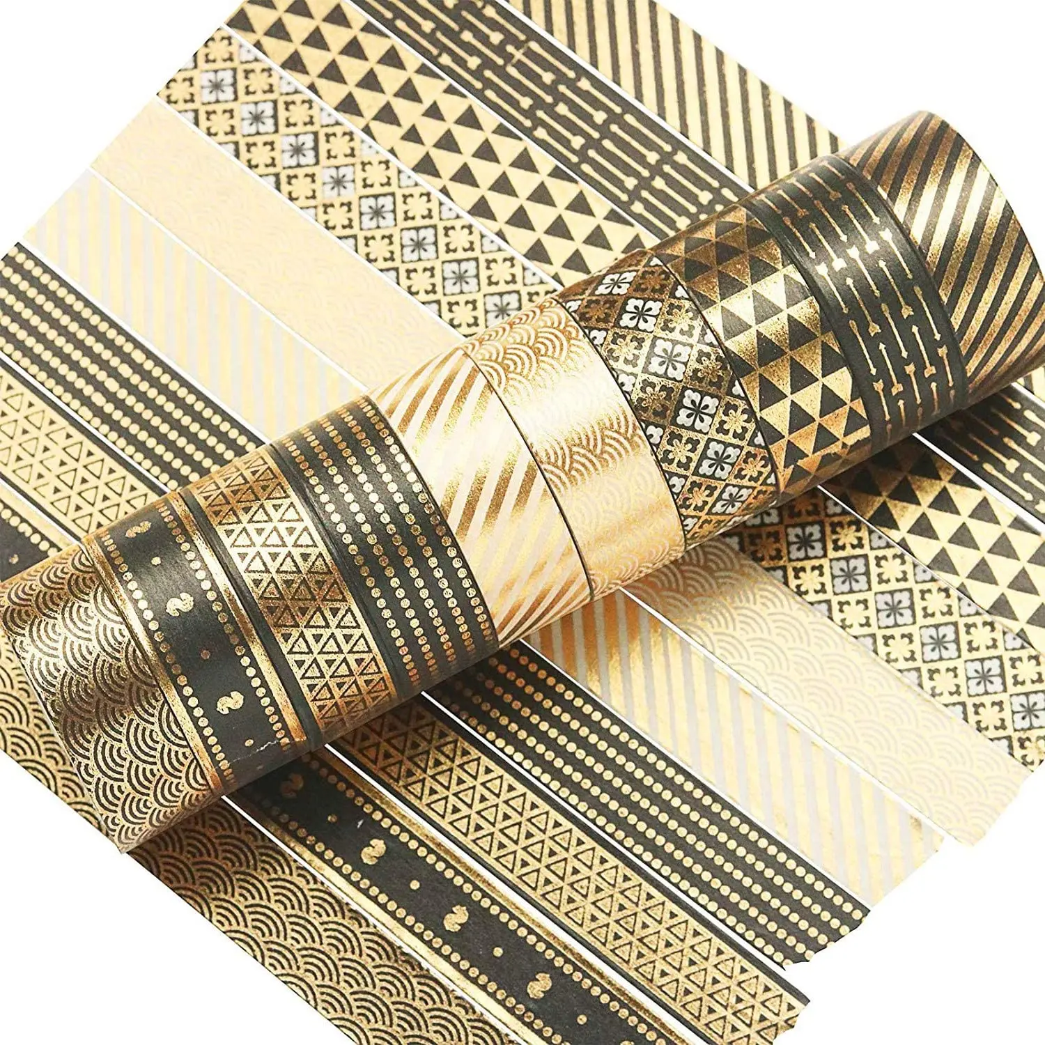 Black Gold Washi Tape Set 10 Rolls Basic Foil Print Decorative Masking Tapes for Arts, DIY Crafts, Journals, Planners, Scrapbook