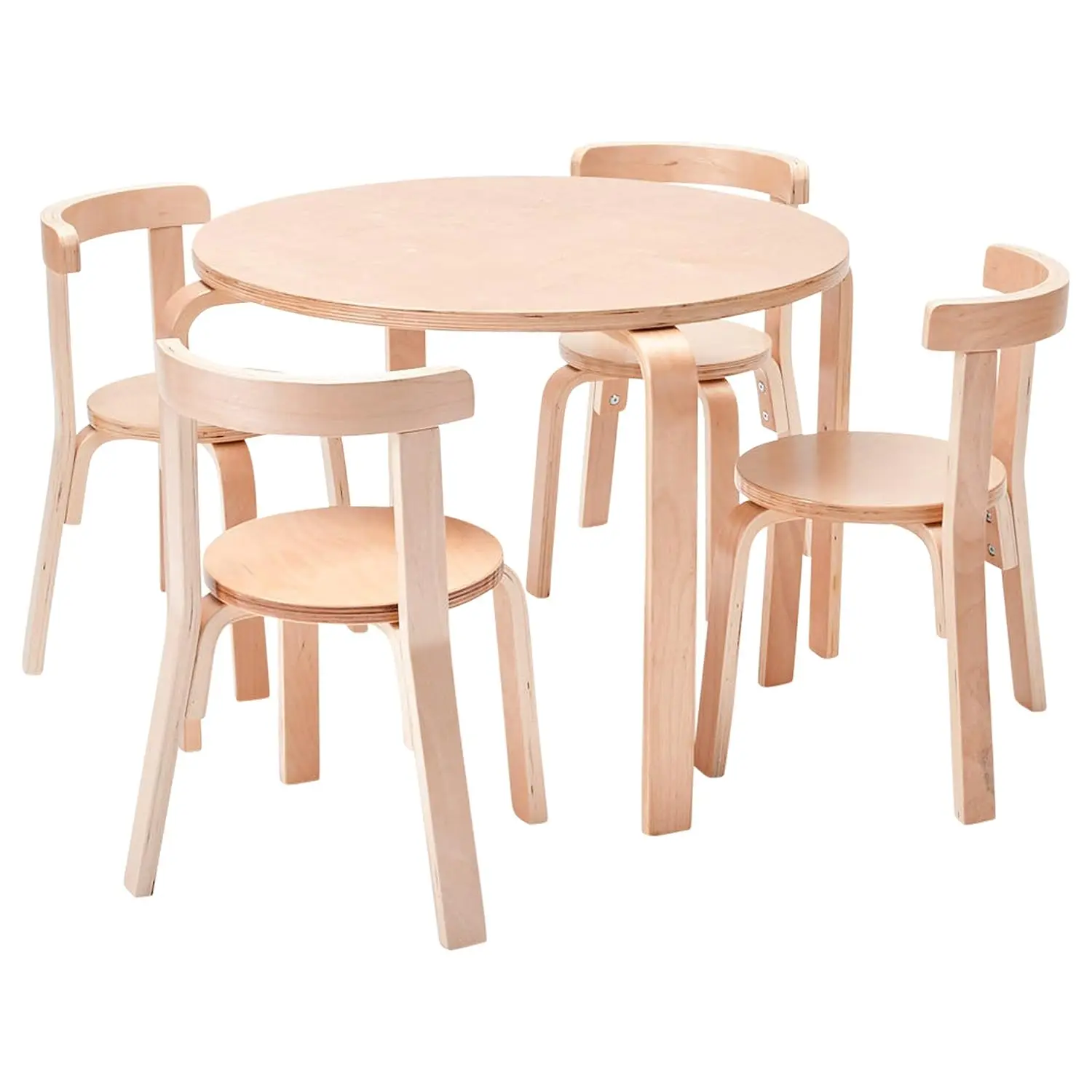 Bentwood Round Table and Curved Back Chair Set, Kids Furniture, Natural, 5-Piece