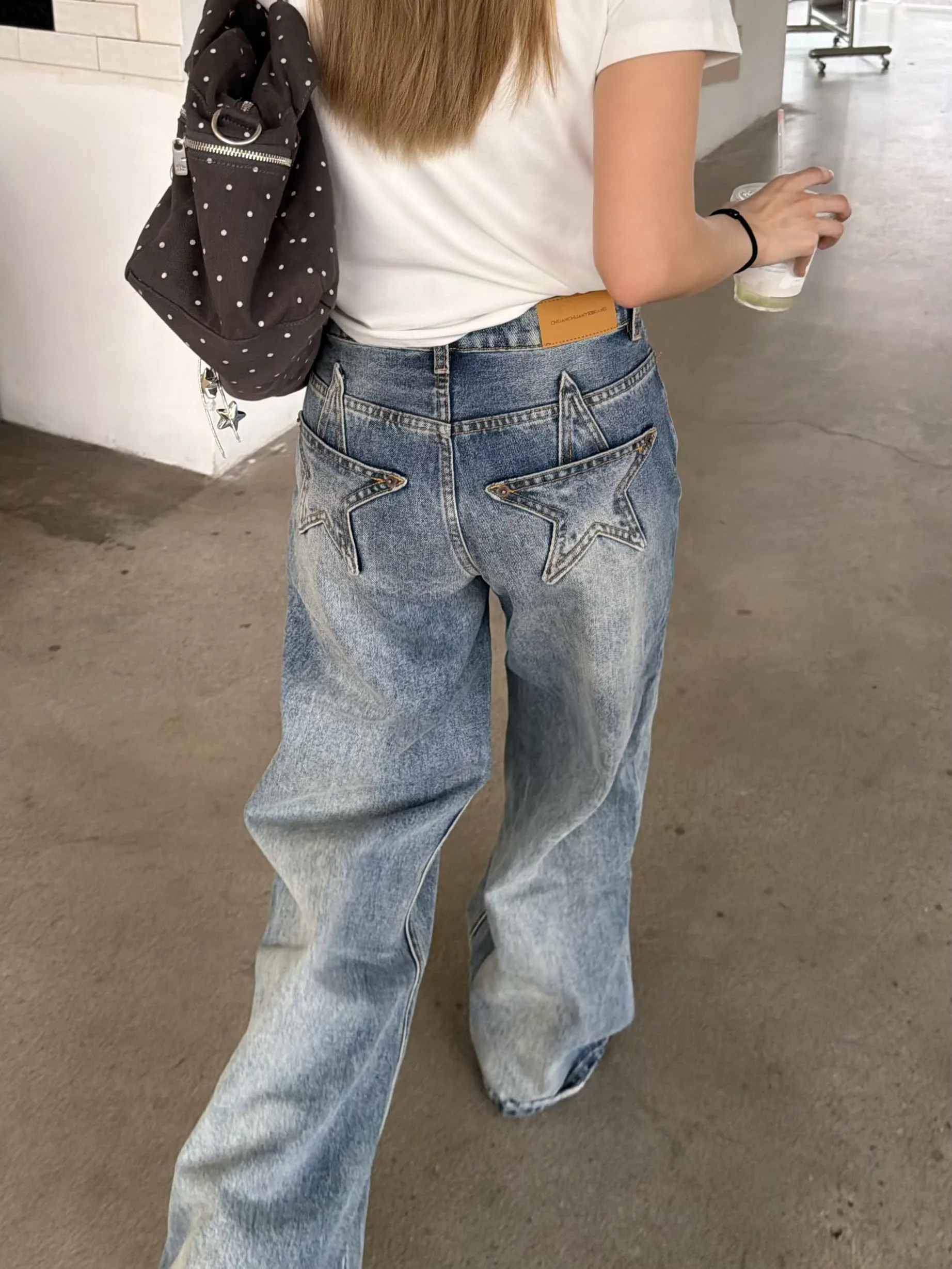 

Retro American High Street Star Washed Loose Wide Leg Casual Jeans Women's Loose Fit Floor-Length Pants Straight Cut