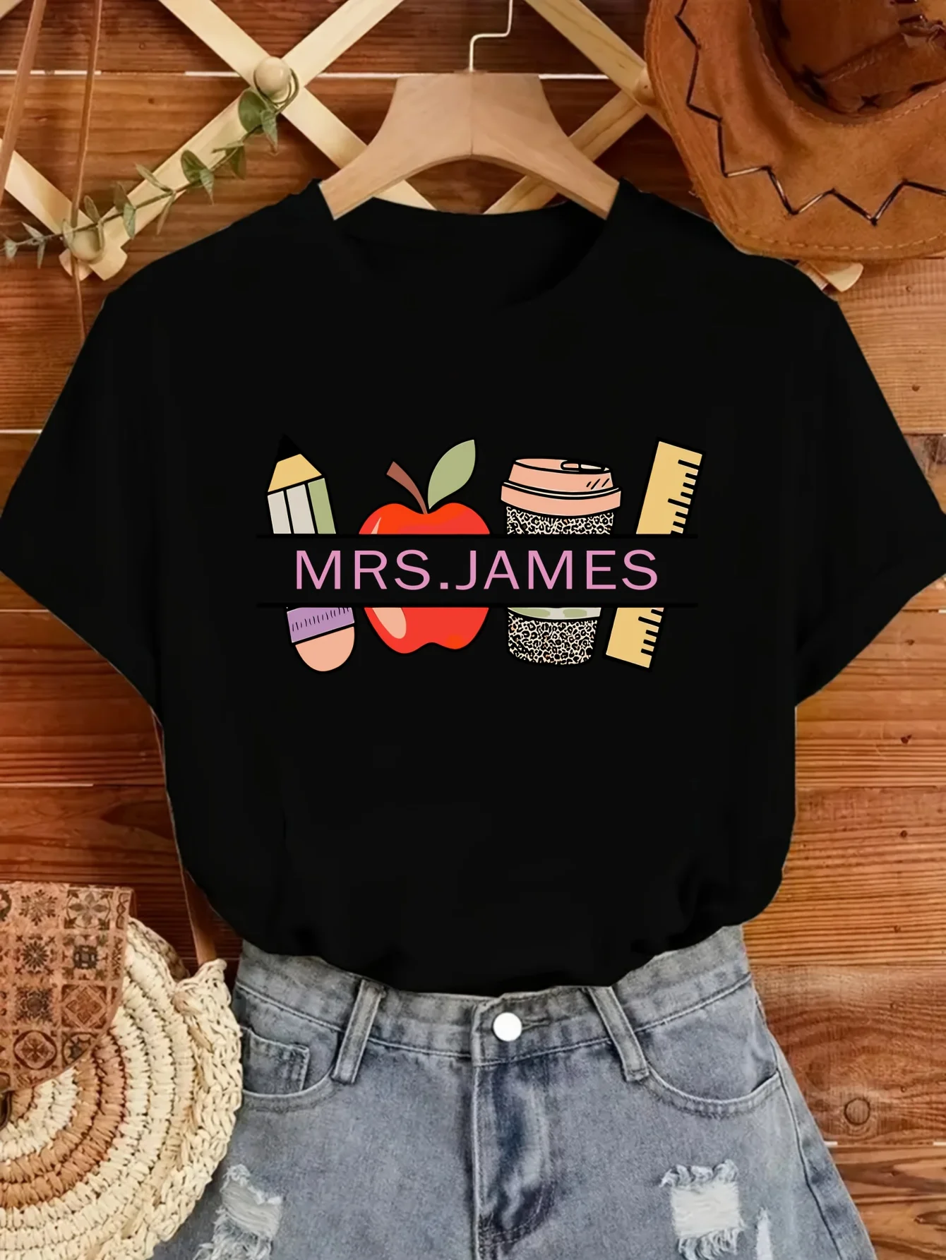 Teacher  Fruit and Vegetable Design Printed Retro Style T-shirt Summer Women's Casual Round Neck Short Sleeve Top Daily Clothing