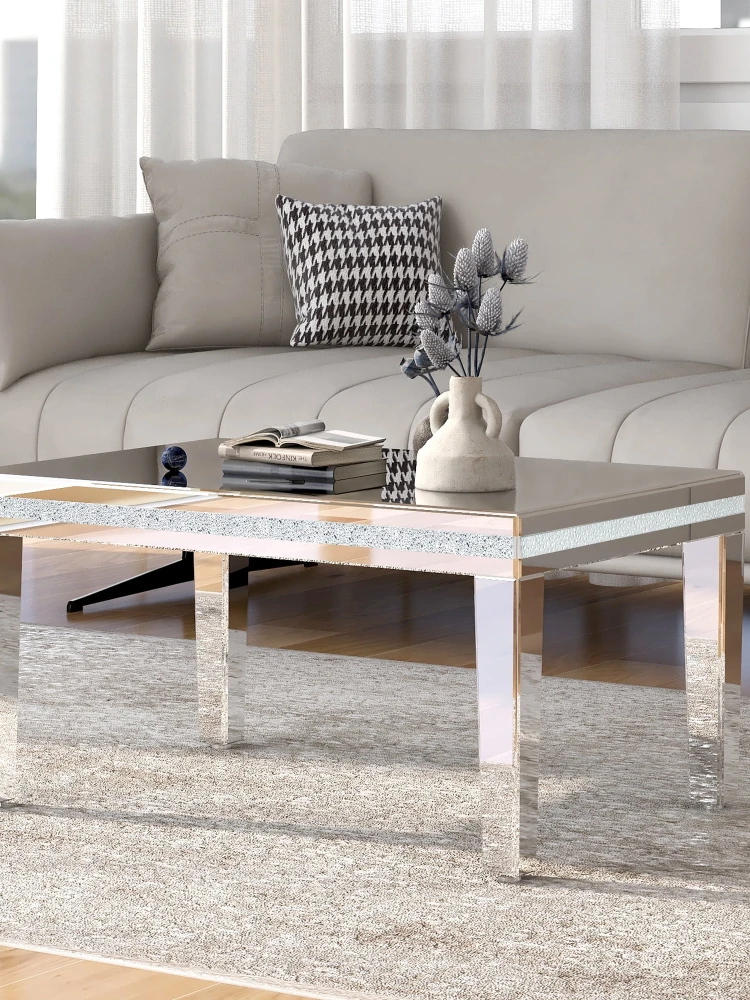 Crushed Diamond Mirrored Easy Assembly Wood Coffee Table For Living Room