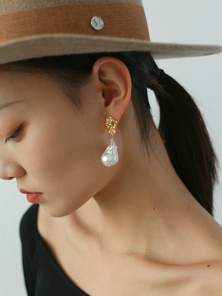Brass With 18K Gold Natural Baroque Pearl Drop Earrings Women Jewelry Punk Party T Show Gown Runway Korean Japan INS