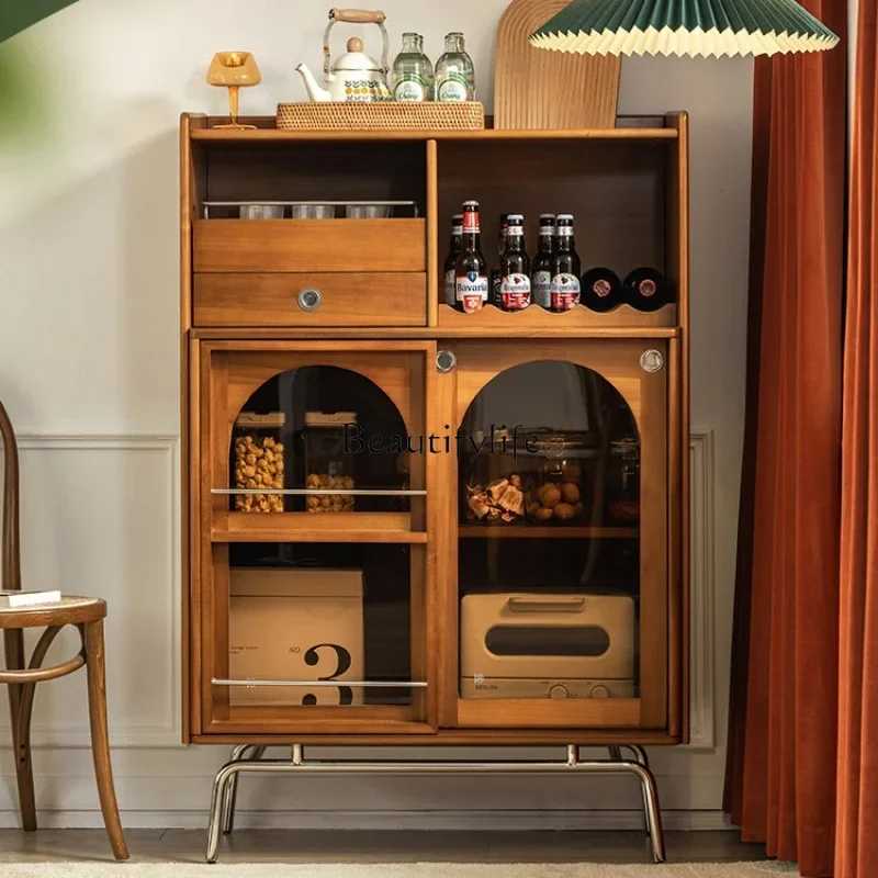 

02Retro side cabinet brown glass solid wood medieval living room wall stainless steel storage locker