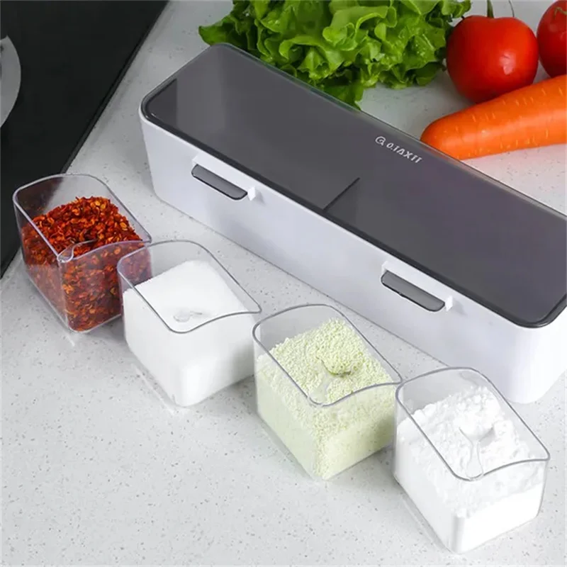 4 In 1 Seasoning Box Combination Set Wall-mounted Seasoning Storage Box Sugar Salt Spices Container Organizer Kitchen Supplies