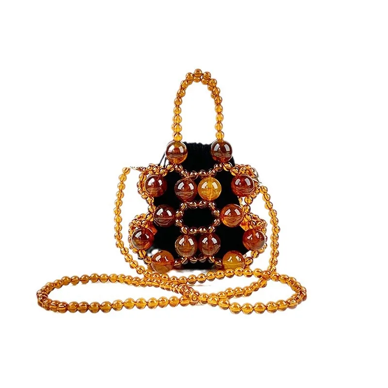 New Hollow Out Vintage Tortoiseshell Beaded Handbag Luxury Design pochette con coulisse in acrilico da donna Mini borsa a tracolla