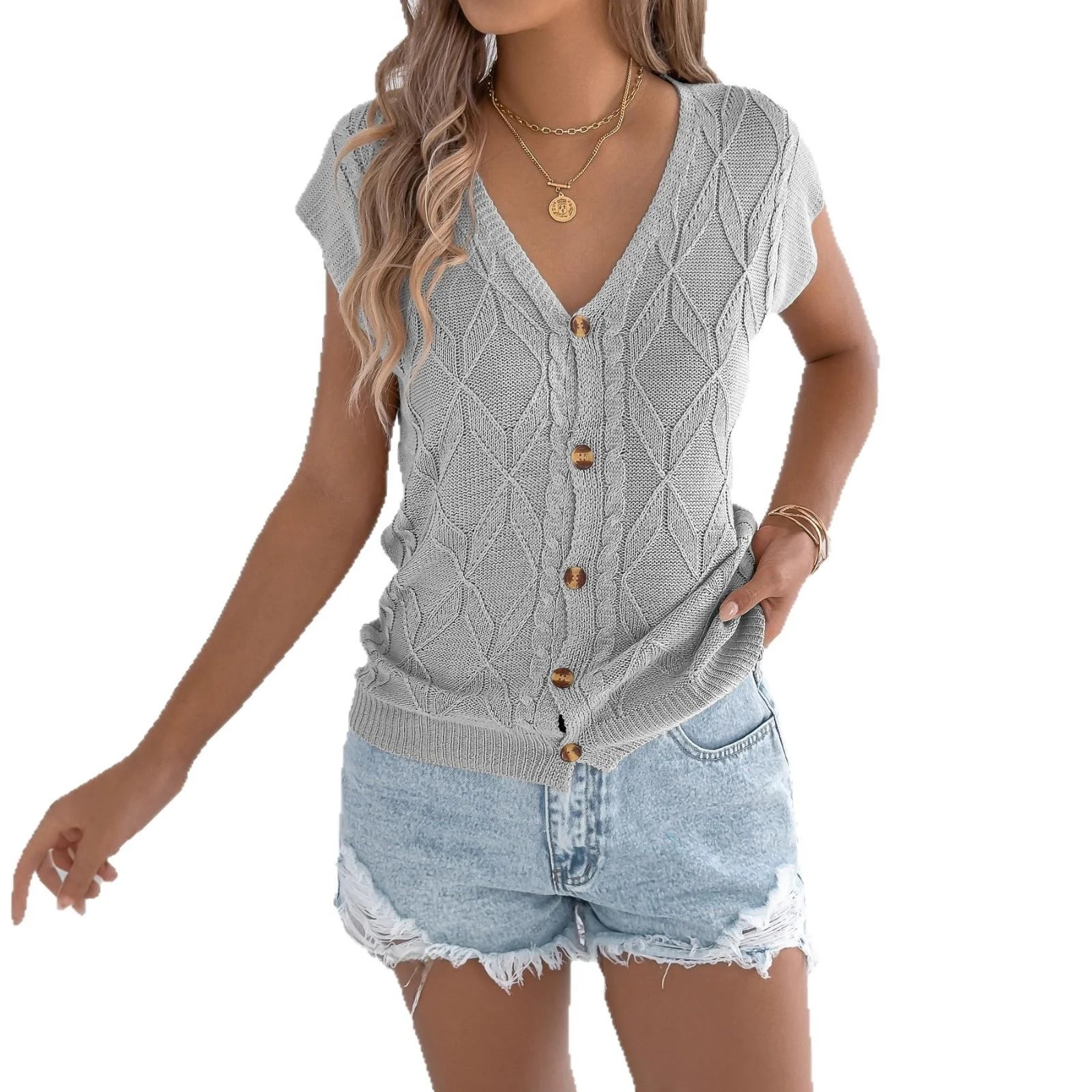 Lässige V-Ne-Strickwaren, reine Farbe, Knopfleiste, Sommer-Vasion-Top, Damen, grenzüberschreitend, Faion, Frühling 2026, Batwing Sve
