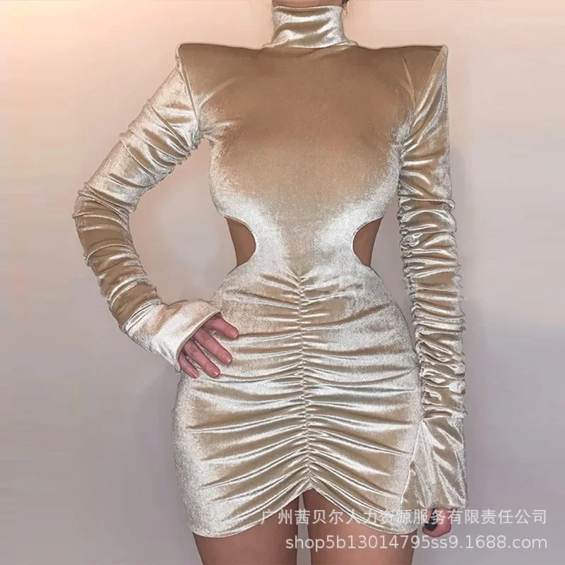 Women Elegant Dress Full Sleeve Turtleneck Dresses Shirring Leaky Waist Solid Spliced Vestidos Folds Slim Fit Streetwear