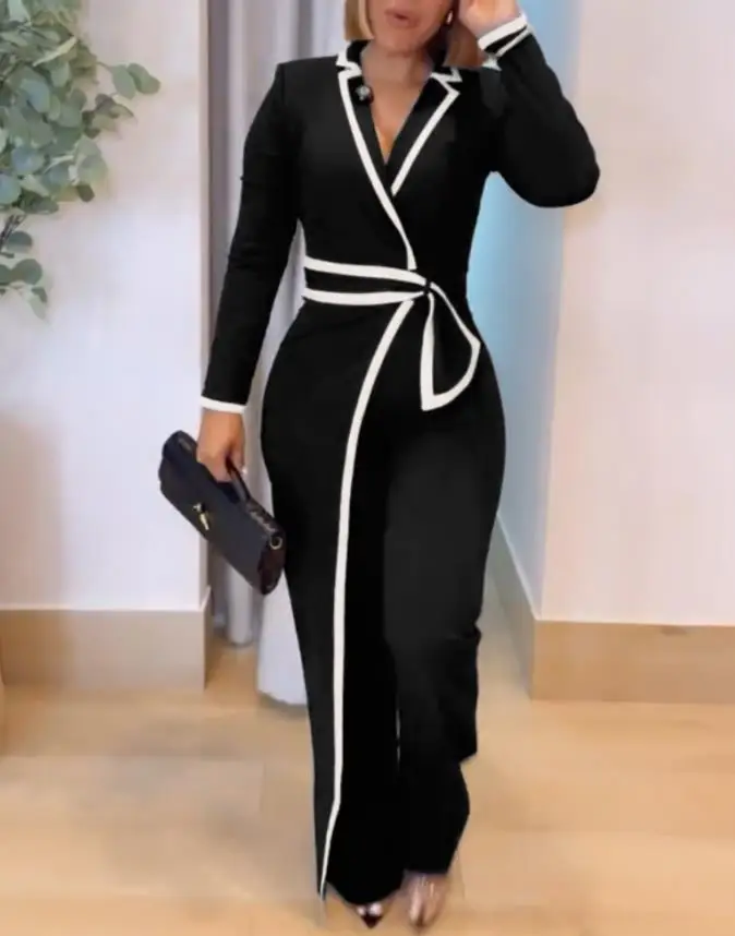 Women's Casual Lapel Jumpsuit Long - Sleeve Design Decorative Button and Cinched Waist Wide Leg Faux Two-Piece Jumpsuit