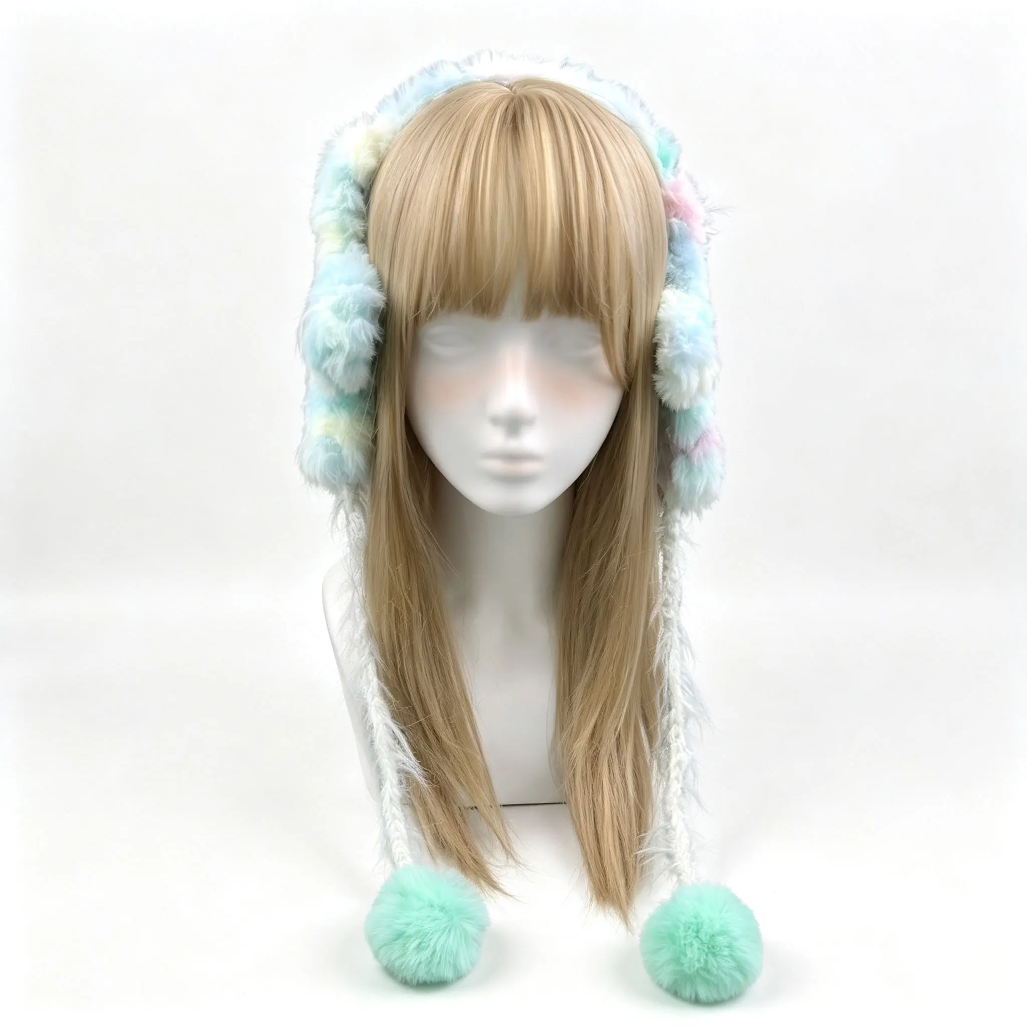 Handmade Pastel Mint Green Earmuff Women Custom Crochet Fuzzy Pom Ear Cover Girl Winter Warm Kawaii Sweet Casual Hair Accessory