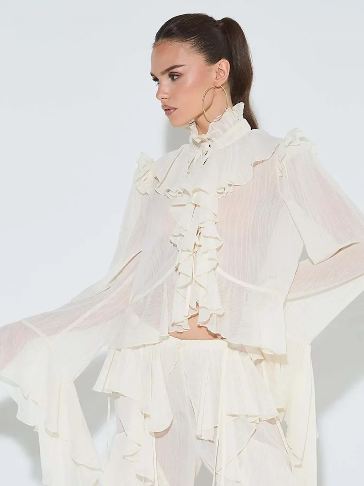 Articat Fashion Long Sleeve Ruffled Chiffon Tie Top T-Shirt Women Elegant Half High Collar Slim Female Autumn New 2025 Clothing
