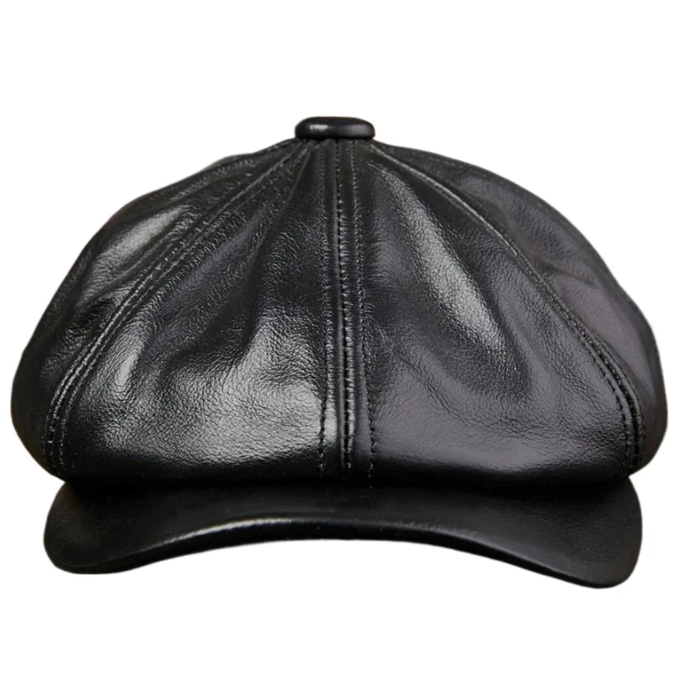 NEWSBOY Black Genuine Leather Newsboy Cap Men Real Leather Winter Hat Vintage High Quality Octagonal Cap Man Flat Cap Cowskin