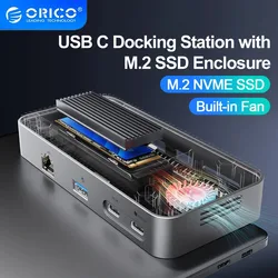 ORICO M.2 NVMe SSD Enclosure with 9-in-1 USB C HUB 10Gbps External RJ45 SD Docking Station with Cooling Fan for Laptop MacBook