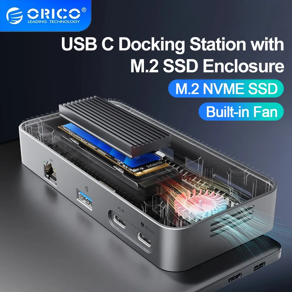 ORICO M.2 NVMe SSD Enclosure with 9-in-1 USB C HUB 10Gbps External RJ45 SD Docking Station with Cooling Fan for Laptop MacBook