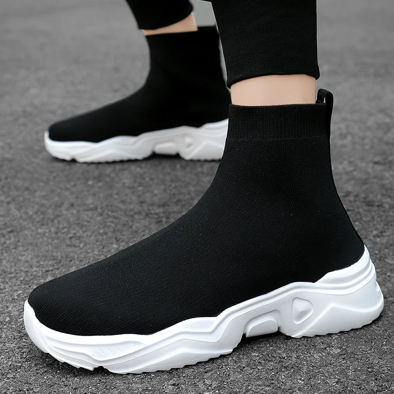 High top sock shoes for men\'s summer 2024 new fly knit sports shoes for summer breathable casual black men\'s shoes