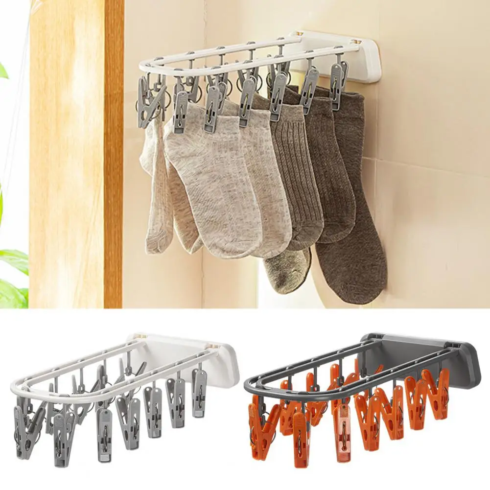 Socks Drying Rack Wall-Mounted Multiple Clips Strong Load Bearing Windproof Foldable Hanger Drying Clip Household Supplies