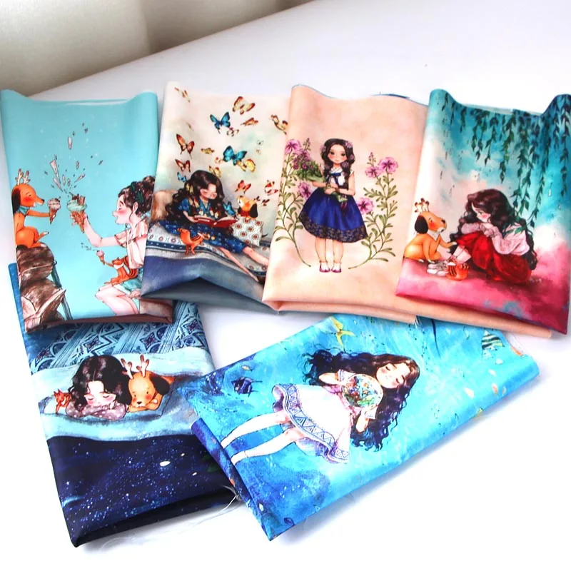 36*49cm Starry Girl Imitation Silk Diy Bag Fabric Cloth Sewing Pattern Painting Material Crafts Textile Patchwork Cartoon Fabric