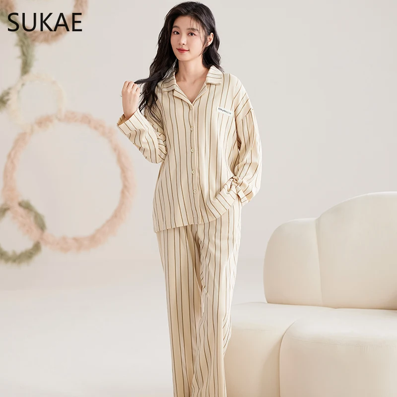 SUKAE Women Pajamas Set Autumn Winter Elegant Turn-down Collar Sleepwear Girl Faux Cotton Nightwear Lady Long Sleeves Loungewear