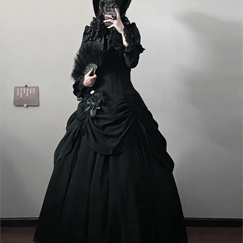 Abito set camicia gonna con cintura e orlo rialzato in pizzo a lisca di pesce Dark Goth