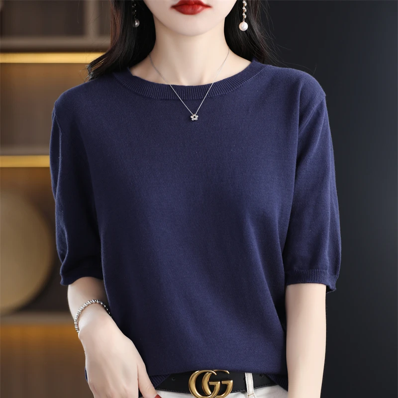 Summer 100% Cotton Knitted Short-Sleeved T-shirt Women\'s Round Neck Loose Semi-Sleeve T-shirt Top