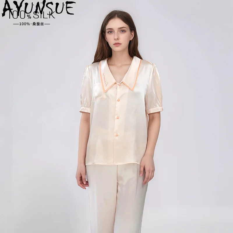 

AYUNSUE 100% шелковые пижамные комплекты для женщин: топы с воротником-стойкой и коротким рукавом, длинные брюки, летние женские пижамы, комплекты для женщин, пижамы