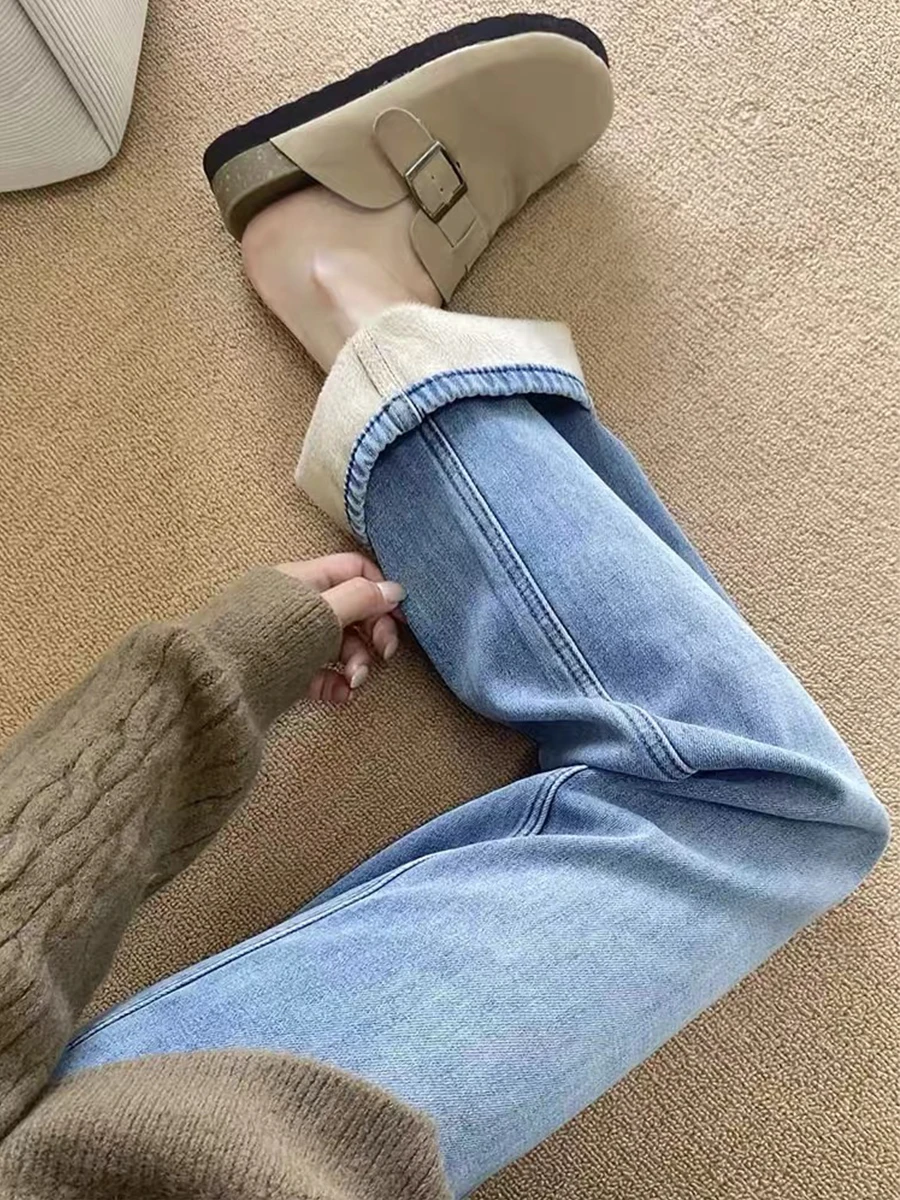 

Женские зимние джинсовые брюки больших размеров с начесом, свободные, с высокой талией, прямые, широкие штанины, для фигуры типа «груша»