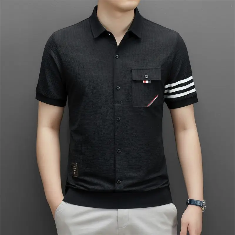 Summer Fashion Men Slim Striped Short Sleeve T-Shirt Lapel Button Cardigan Pockets Male Clothes Streetwear Casual Versatile Tops