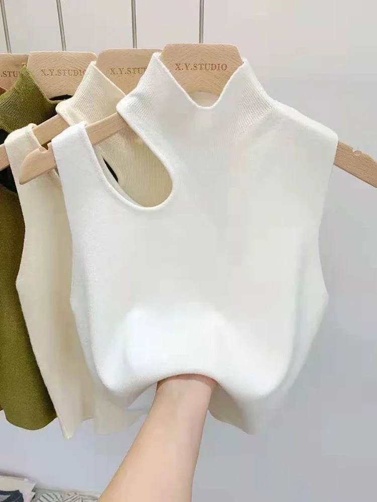

Pop Women Knitted Tank Top Summer Fall Slim Sweater Short Sleeveless Solid Summer Sweaters Hollow Out Pullovers